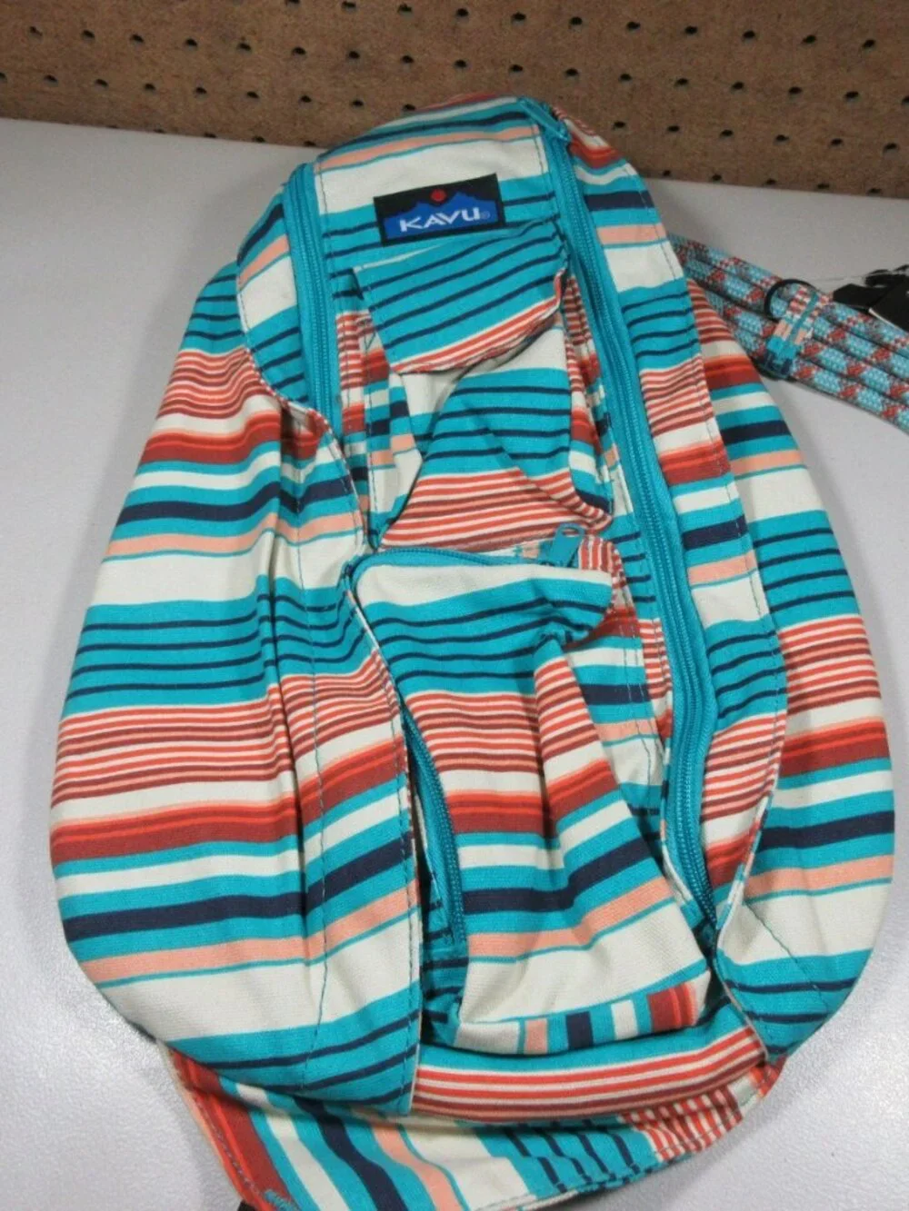 KAVU colorful offwhite striped canvas Banded Rope sling bag 11 x 17  NWT